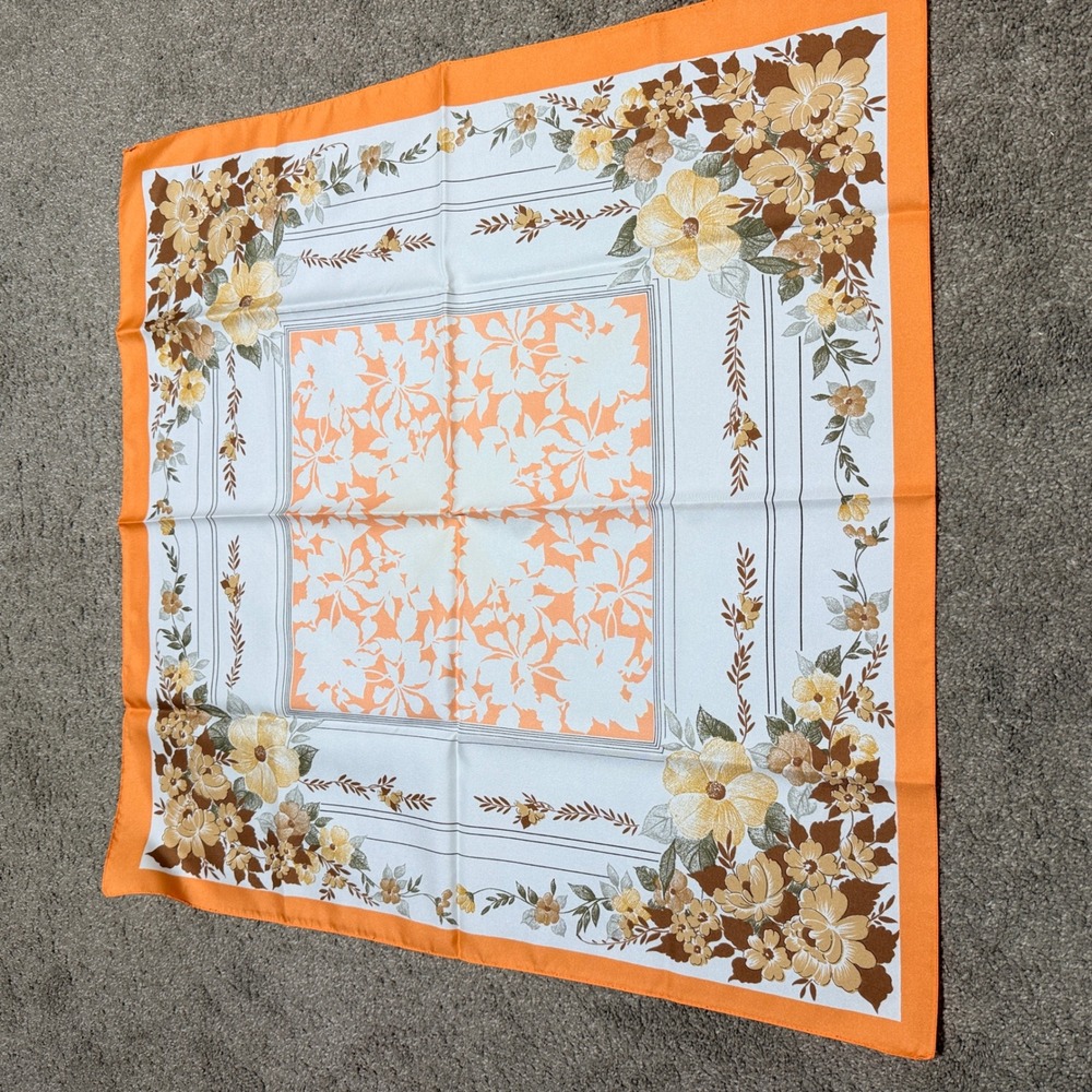 Boselli Italy Vintage Floral Square Scarf Orange Brown White Trevira 27x27